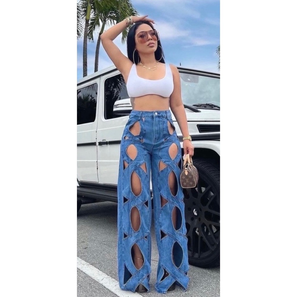 Good Time USA Wavy Rope Cutout Denim Jeans High Waist Wide Leg Women's Small